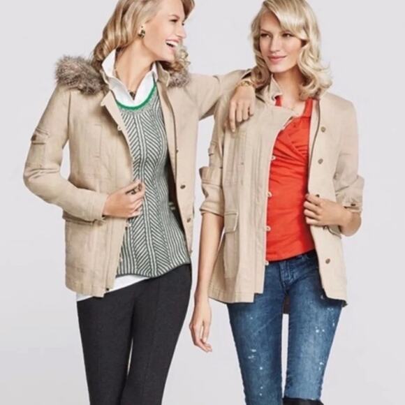 CAbi Nanook Tan Cotton Twill Utility Jacket Lightweight Faux Fur Hood Size Small - Picture 13 of 13